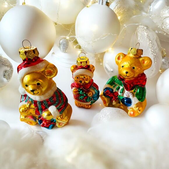 Vintage Blown Glass Teddy Bear Ornaments Set Of 3 - Picture 1 of 5